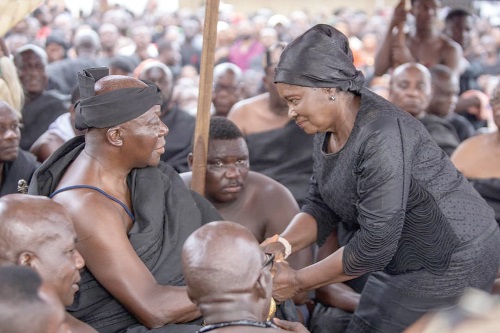 Vice-President Prof. Naana Jane Opoku-Agyemang (right) commiserating with Otumfuo Osei Tutu II, the Asantehene, at the one-week ceremony of the late Asantehemaa held at the Manhyia Palace in Kumasi. Picture: EMMANUEL BAAH Vice-President Prof. Naana Jane Opoku-Agyemang (right) commiserating with Otumfuo Osei Tutu II, the Asantehene, at the one-week ceremony of the late Asantehemaa held at the Manhyia Palace in Kumasi. Picture: EMMANUEL BAAH
