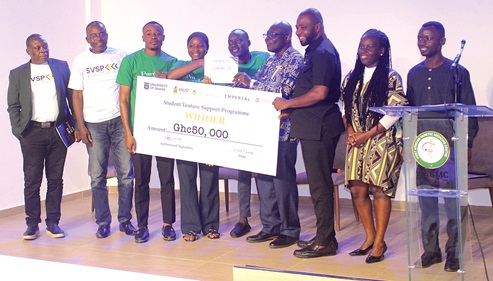 Prof. Felix Ankoma Asante (4th from right), Pro-Vice Chancellor, Research, Innovation and Development, UG, presenting the dummy cheque to team "Pure Loop", UDS, winners of the Student Venture Support Programme. Picture: ERNEST KODZI Prof. Felix Ankoma Asante (4th from right), Pro-Vice Chancellor, Research, Innovation and Development, UG, presenting the dummy cheque to team "Pure Loop", UDS, winners of the Student Venture Support Programme. Picture: ERNEST KODZI