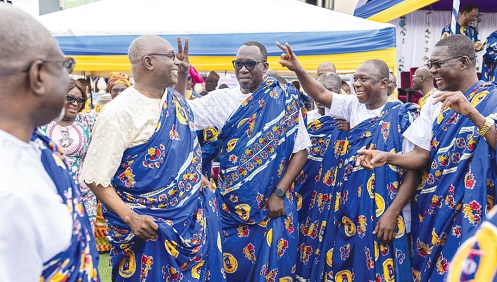 Most Rev. Prof. Johnson Kwabena Asamoah-Gyadu (2nd from left), the Presiding Bishop of the Methodist Church Ghana, dancing at the grand durbar to commemorate the 190th anniversary celebration of the church while other bishops of the church cheer him on