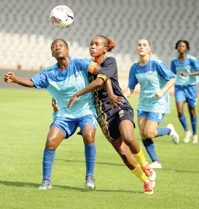 • Police Ladies captain Mary Berko gains the upper hand after a challenge with a Bayelsa Queens player during yesterday’s clash • Police Ladies captain Mary Berko gains the upper hand after a challenge with a Bayelsa Queens player during yesterday’s clash