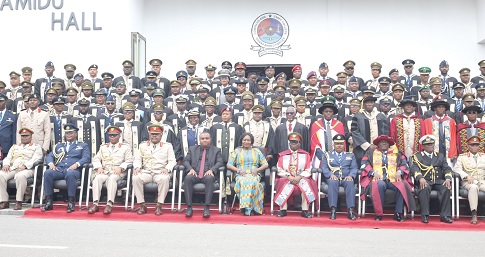 Prof. Naana Jane Opoku-Agyemang (middle), Vice-President, with Lt. General William Agyapong (4th from left), Chief  of the Defence Staff; Ernest Brogya Genfi (5th from left), Deputy Minister of Defence; Brigadier General Jackson Wonje (5th from right), acting Commandant, GAFCSC; Air Vice Marshall Felix Adom Asante (3rd from right), President, National Defence University, and other senior military officers with the graduates after the ceremony. . Picture: BENEDICT OBUOBI