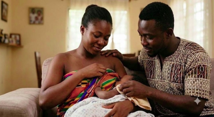 Photo credit: Obed Quachie. A digital depiction of a breastfeeding family with father supporting mother using Gemini.
