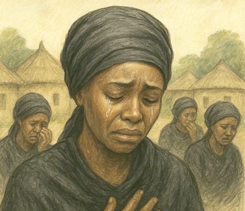A symbolic portrayal of the silent suffering many widows endure under harmful traditional rites