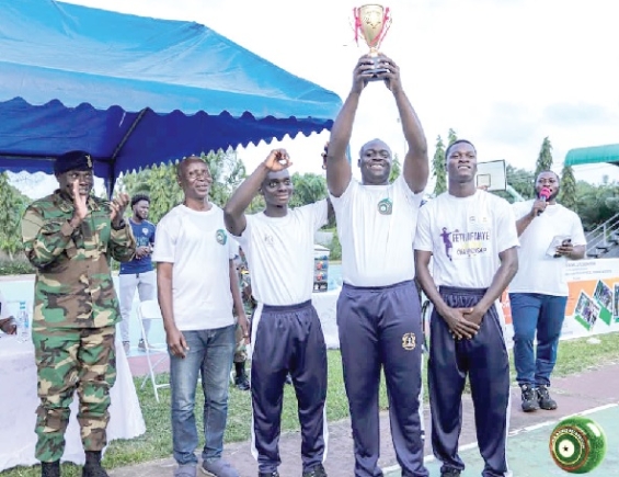 • Team Divine Focus of Ghana Navy celebrate with the winner's trophy after emerging the champions of the inaugural Armed Forces Bowls Championships • Team Divine Focus of Ghana Navy celebrate with the winner's trophy after emerging the champions of the inaugural Armed Forces Bowls Championships