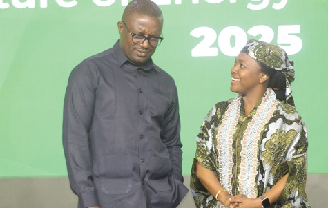 John Jinapor (left), Minister of Energy and Green Transition, interacting with Rukaiya El-Rufai, Special Advisor to the President on the National Economic Council, during the Future of Energy conference in Accra. Picture: ESTHER ADJORKOR ADJEI