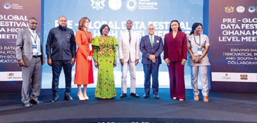 Prof. Naana Jane Opoku-Agyemang (4th from left), Vice-President, with Dr Alhassan Iddrisu (4th from right), Head of GSS; Dr Claire Melamed (3rd from left), CEO of Global Patnership Sustainable Development Data, and other dignitaries at the event