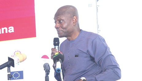 Zakaria Sulemana (inset), Director-General, Commission for Technical and Vocational Education and Training, speaking at the roundtable engagement in Accra. Picture: SAMUEL TEI ADANO