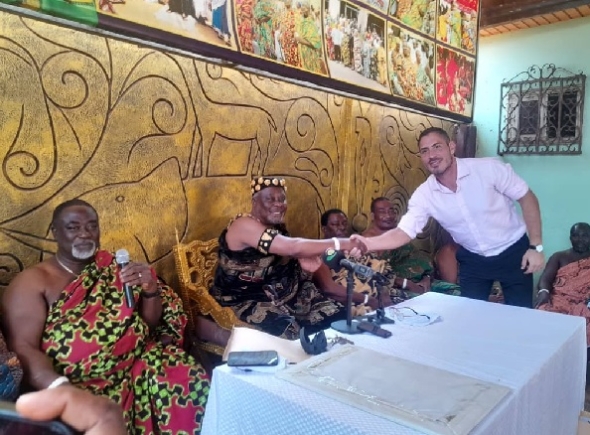 His Royal Majesty Oboade Nortse King Prof. Odaifio Welentsi III, Nungua Mantse in a handshake with Alexandre Souto, Deputy Head of Mission at the Brazilian Embassy in Ghana