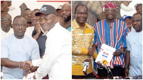 Kennedy Ohene Agyapong (right), NPP flag bearer aspirant, presenting his forms to William Yamoah, Secretary, 2025 Presidential Elections Committee, at the party headquarters in Accra. Picture: ELVIS NII NOI DOWUONA, Bryan Acheampong (2nd from right), NPP flag bearer aspirant, presenting his forms to Abankwah Yeboah (2nd from left), Vice-Chairman, 2025 Presidential Elections Committee, at the party headquarters in Accra. Picture: ELVIS NII NOI DOWUONA