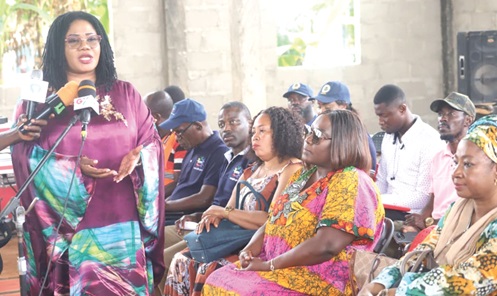 Dr Agnes Naa Momo Lartey (left), Minister of Gender, Children and Social Protection, addressing residents of The Saviour Community at Obogu in the Ashanti Region. Among the audience is Dr Afisah Zakaria (seated right), Chief Director, Gender Ministry, and Maame Safowaa Appiah (2nd from right), MCE, Ashanti Akyem South. Picture: EMMANUEL BAAH Dr Agnes Naa Momo Lartey (left), Minister of Gender, Children and Social Protection, addressing residents of The Saviour Community at Obogu in the Ashanti Region. Among the audience is Dr Afisah Zakaria (seated right), Chief Director, Gender Ministry, and Maame Safowaa Appiah (2nd from right), MCE, Ashanti Akyem South. Picture: EMMANUEL BAAH