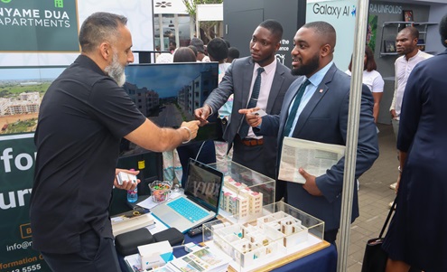 Some patrons at the Nyame Dua Apartment stand at the fair