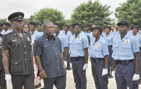 James Gunu (2nd from left), Volta Regional Minister, reviewing the passing out parade under the command of ASP Emmanuel Dedzo James Gunu (2nd from left), Volta Regional Minister, reviewing the passing out parade under the command of ASP Emmanuel Dedzo