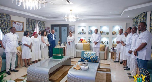 President John Dramani Mahama, Lordina Mahama (both arrowed); Rev. Dr Stephen Wengam (5th from right), General Superintendent, Assemblies of God, Ghana; Archbishop Nicholas Duncan-Williams (5th from left), Founder, Action Chapel International, and other members of the clergy during the special service to mark the President’s birthday