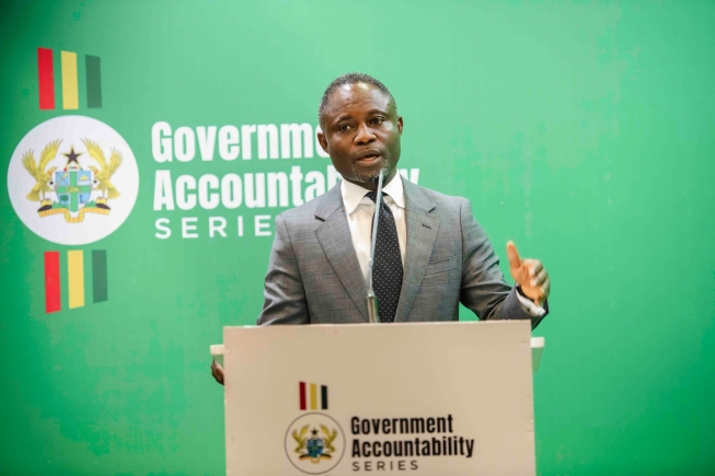 Kwabena Mintah Akandoh (left), Minister of Health, speaking at the Government Accountability Series