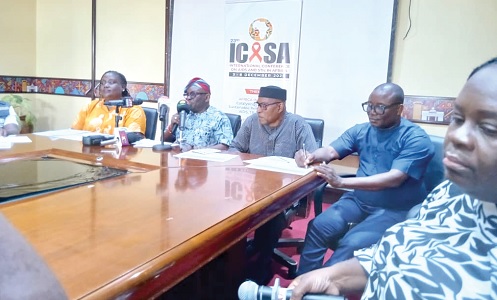 Luc Armand Bodea (2nd from left), ICASA Director and SAA Coordinator, launching ICASA 2025 in Accra.  With him are Dr Fiona Braka (left), WHO Ghana Representative; Dr Prosper Akanbong (2nd from right), Director-General of the Ghana AIDS Commission, and Dr Aliou Sylla (3rd from right), Secretary-General of the SAA 