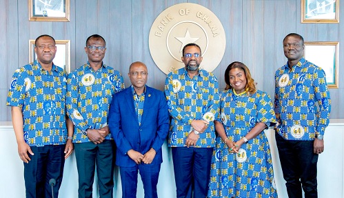 Olusegun Alebiosu (3rd from left), Group CEO, FirstBank, with Dr Johnson Pandit Asiama (3rd from right), Governor, Bank of Ghana; Dr Zakari Mumuni (2nd from left), First Deputy Governor; Rosie Ebe-Arthur (2nd from right), Non-Executive Director, FirstBank Ghana; Victor Yaw Asante (right), CEO, FirstBank Ghana, and Osahon Ogieva (left), Deputy MD, FirstBank Ghana, during the visit