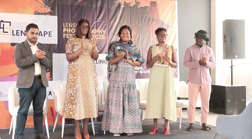 Salomey Gyamfi (middle), Director, Lenscape Photography Festival, together with other dignitaries launching the three-day photography festival. Picture: EDNA SALVO KOTEY