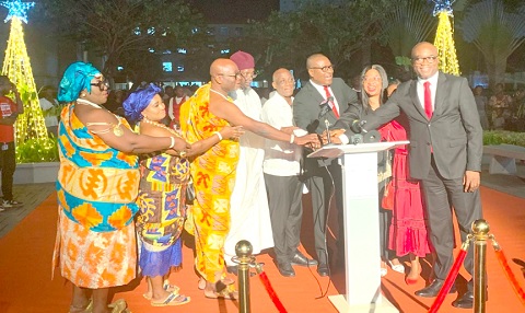 Elder Adeyinka A. Ojediran (3rd from right), First Counsellor, Africa West Area Presidency of the Church of Jesus Christ of Latter-day Saints; Seth Terkper (4th from right), Presidential Advisor on the Economy; Sheikh Armiyawo Shaibu (4th from left), Spokesperson of the National Chief Imam; Nii Ahele Nunoo III  (3rd from left), Abola Mantse, and others officially launching the Christmas light to commemorate the Miracle of Christmas service