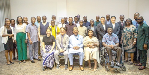 Edmond Moukala (seated middle), UNESCO Representative to Ghana, with Alice Akorfa Dolley (2nd from right), Human Resource Director of Ghana TVET Service; Hwang Sung Su (2nd from left), Team Lead of KRIVET, and other officials after the workshop. Picture: CALEB VANDERPUYE