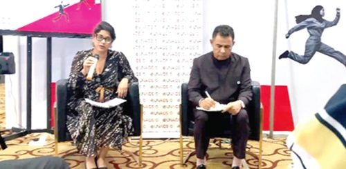 Angeli Achrekar (left), Deputy Executive Director of UNAIDS, speaking at the media briefing at ICASA 2025 while Dr Simaga Fode, Director, Programme Coordination and Partnership at UNAIDS, takes notes