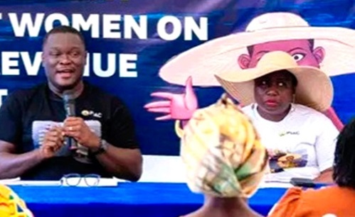 Some of the market women at the event. INSET: Richard Ellimah (left), PIAC Chairperson, addressing the attendees