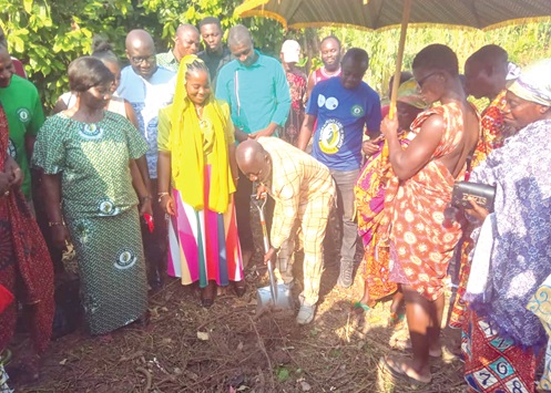 James Agyekum Kwarteng, President of Kuapa Kokoo Cooperative Cocoa Farmers and Marketing Union Limited,  cutting the sod for work to begin on a six-unit classroom block at the Asenkyem Basic School. BELOW: An artist’s impression of the new classroom block