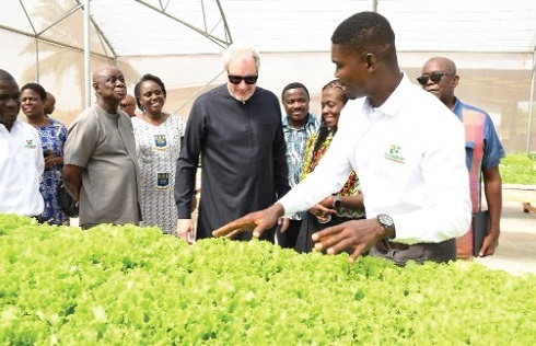 Stephen Blewett (middle), CEO of MTN Ghana; Prof. Felix Ankomah Asante (3rd from left), Pro-Vice Chancellor, UG; Kwasi Etu-Bonde (4th from right), Technical Advisor to Minister of Food and Agriculture, and others inspecting vegetables grown in the greenhouse  
