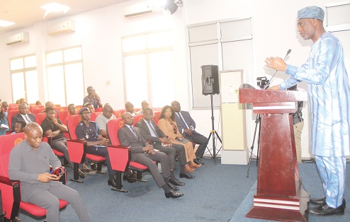 Muntaka Mohammed-Mubarak (right), Minister for the Interior, addressing the media. Picture: EDNA SALVO KOTEY 