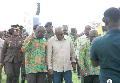 President John Dramani Mahama (2nd from right) arriving at the durbar ground in the company of Eric Opoku (2nd from left), Minister of Food and Agriculture. With them are Patience Baffoe-Bonnie (left), Director of Prisons, and other officials
