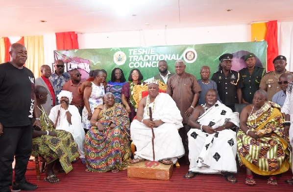 Madam Linda Akweley Ocloo, GAR Minister with Gbetsorlor Nii Ashitey Akomfra III, Teshie Mantse and other members of the Teshie Traditional Council