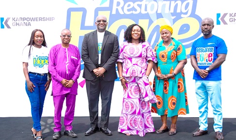 Oscar Amonoo-Neizer (3rd from left), MD of Karpowership Ghana, Rita Naa Odoley Sowah (3rd from right), MP of La Dadekotopon, Agnes Abolimpoh (2nd from right), Deputy Director for Children’s Welfare, Ministry of Gender, Children and Social Protection, and other Karpowership officials  after the inauguration of the refurbished boys’ dormitory (inset)
