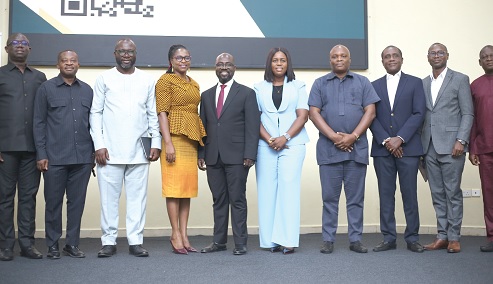 Seth Twum Akwaboah (2nd from left), CEO, AGI, with John Awuah (3rd from left), CEO, Ghana Association  of Banks; Prof. Vera Fiador (4th from left), Head of Finance Department, UGBS; Professor Ernest Yaw Tweneboah-Koduah (5th from left), Dean, UGBS; Prof. Randolph Nsor-Ambala (4th from right), CEO, Development Bank, Ghana, and other invited dignitaries after the launch of the DBG academic prize awards. Picture: BENEDICT OBUOBI
