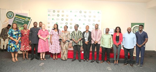 Suweibatu Adam (6th from left), Chief Director of MEST, and Felix Addo Okyere (7th from left), Director of Climate Change and Ozone at the EPA, with other dignitaries after the launch of the NAP