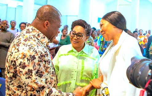 Rev. Stephen Wengam (left), General Superintendent of Assemblies of God, Ghana, welcoming First Lady Mrs Lordina Dramani Mahama (middle) and  Tobeka Madiba-Zuma, former First Lady of South Africa, to the event