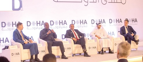 President John Dramani Mahama (2nd from left) speaking at the panel discussion. With him are Alexander De Croo (right), the Administrator of the United Nations Development Programme; Fahad Hamad Al-Sulaiti (2nd from right), Director General of Qatar Fund for Development; Jakayla Mrisho Kikwete (middle), former President of Tanzania and Chair of the Board of Directors, Global Partnership for Education, and Mohammed Sergie (left), Moderator of the panel discussion
