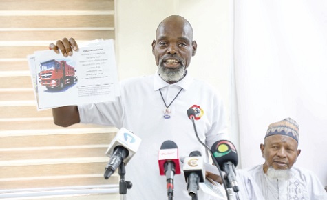 Anthony Mensah, National Public Relations Officer, National Sand and Stone Tipper Truck Drivers Association, explaining a point to the media. Picture: ELVIS NII NOI DOWUONA 