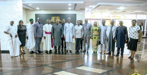 President John Dramani Mahama (6th from left) and Muntaka Mohammed-Mubarak (7th from left), Minister for the Interior, with members of the National Peace Council after the meeting