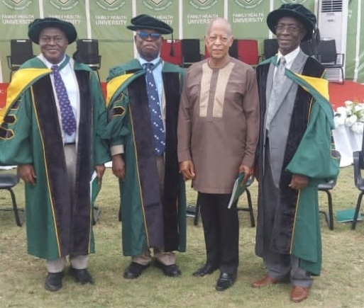 Prof Yao Kwawukume, (extreme left), Vice-Chancellor of Family Health University, Brig Gen Dan Frimpong (Rtd) (MOBA 70), Dr JB Amissah-Arthur (MOBA 70) and Prof Philip Odonkor (MOBA 65) Pro-Vice Chancellor (extreme right)