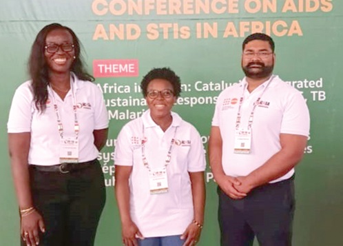 Dr Adriel Cyrus Moodley (right), lead rapporteur for Track A team at ICASA 2025, with Dr Nana Afia Asante Ntim, Research Fellow at NMIMR, and Diana Asema Asare (middle), Chief Research Assistant at NMIMR, other members of the team