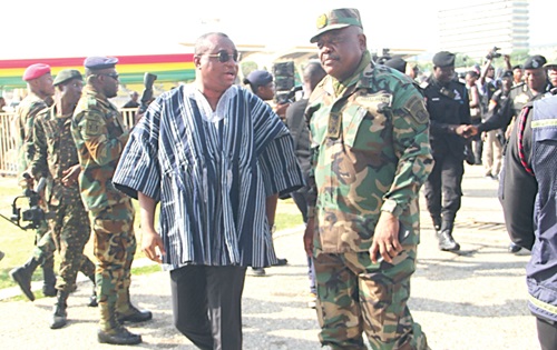 Ernest Brogya Genfi (left), Deputy Minister of Defence, interacting with Lt Gen. William Agyapong, Chief of the Defence Staff, GAF