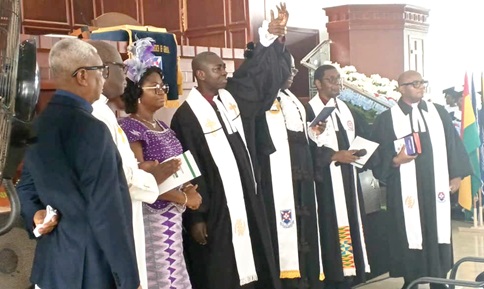 Rev. David Aboagye-Danquah (4th from left), 14th Clerk of the General Assembly of the Presbyterian Church of Ghana, being introduced to the congregation during the induction service by Rt Rev. Dr Abraham Nana Opare Kwakye (3rd from right), Moderator of the PCG