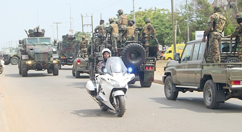 The military and other sister security agencies undertaking an operational exercise in some principal streets of Tema. Pictures: ERNEST KODZI