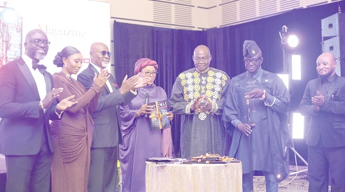 Shamima Muslim (middle), Deputy Presidential Spokesperson, launching the diplomatic magazine. With her are Harriet Nartey (2nd from left) CEO, Diplomatic Affairs, Media and Communication;  Ekwow Spio-Garbrah (3rd from right), Presidential Special Envoy for Reparations; Dr Andrew Asamoah (3rd from left), Executive Chairman &amp; Founder, A&amp;C Mall, and other dignitaries. Picture: BENEDICT OBUOBI