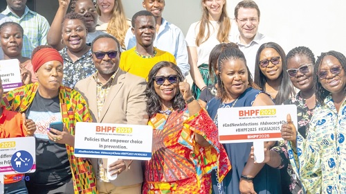 Cecilia Senoo (3rd from left), Executive Director, HFFG, with Dr Emmanuel Teviu (2nd from left), Programme Manager, NACP, other members of the BHPF, and other participants during the forum
