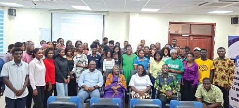 Audrey Gadzekpo (seated 2nd from left), Board Chair, CDD-Ghana, with other speakers and students after the engagement on human rights