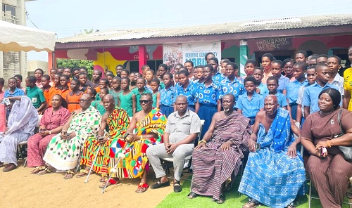 Togbe Kwasinyi Kakaklolo Agyeman V (seated middle), Dufia of Adidome, with sub-chiefs, elders and partners after the opening