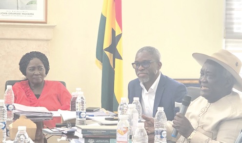 Prof. Naana Jane Opoku-Agyemang (left), the Vice-President, chairing the meeting.  With her are Dr Gameli Kewuribe Hoedoafia (middle), Executive Secretary, IMCC on Decentralisation, and Prof. Kwamena Ahwoi, Oversight Consultant on the National Decentralisation Policy
