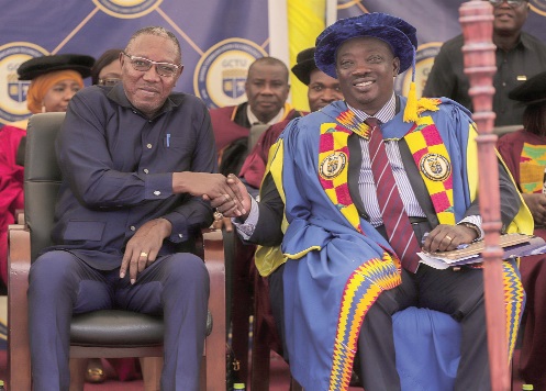 Dr Clement Abas Apaak (left), Deputy Minister of Education, in a handshake with Prof. Emmanuel Ohene Afoakwa, Vice-Chancellor of GCTU, during the event Picture: CALEB VANDERPUYE