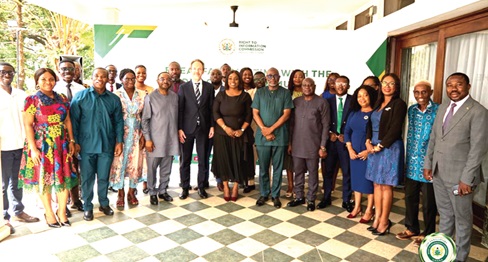 Dr Christian Rogg (6th from left), British High Commissioner to Ghana, Genevieve Shirley Lartey (7th from left), RTIC Executive Secretary, and Dr James Asante (5th from right), RTIC Board Chairman,  with stakeholders after the breakfast meeting