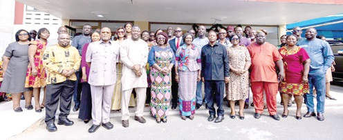 Prof. Naana Jane Opoku-Agyemang (5th from left), Vice-President, with Abla Dzifa Gomashie (3rd from left), Minister of Tourism, Culture and Creative Arts; Alex Percival Segbefia (left), Chief of Staff at the office of the Vice-President, and leaders in the creative arts industry